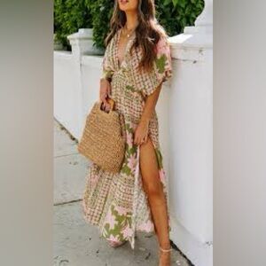 Vici Green and Pink Floral Maxi Dress